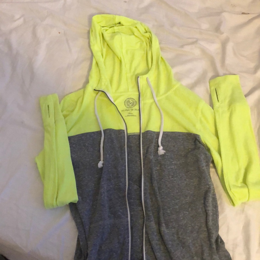 Neon/gray zip up jacket with a hood!